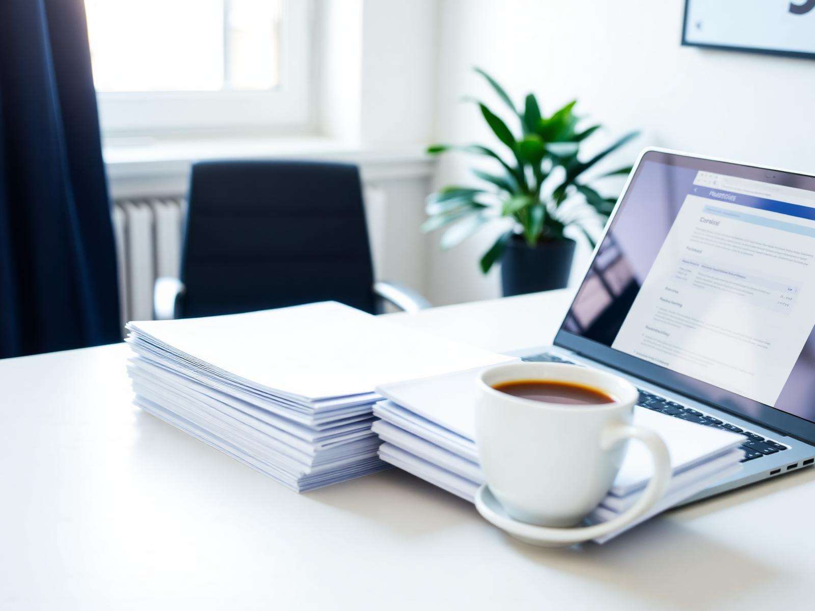 Bureau d'une assistante administrative avec dossiers, ordinateur et café